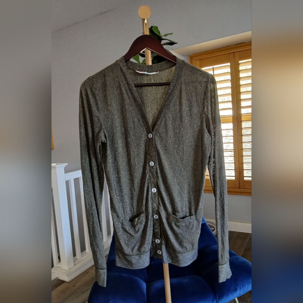 Free People Beach Olive Green Metallic Cardigan Sweater. Size Small